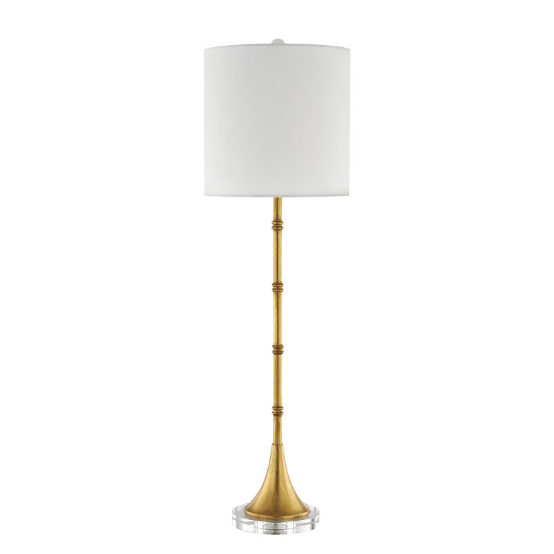 Lampe de table en bambou doré avec abat-jour tambour blanc