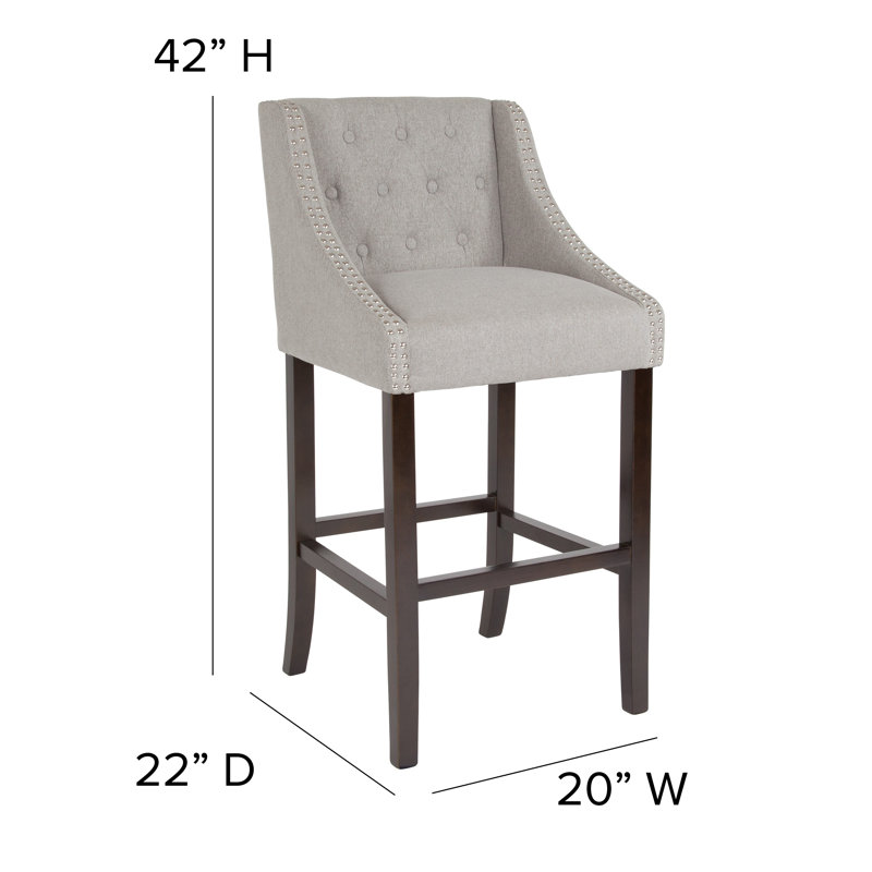 Tabouret de bar transitionnel en noyer capitonné avec garniture cloutée, Gris clair