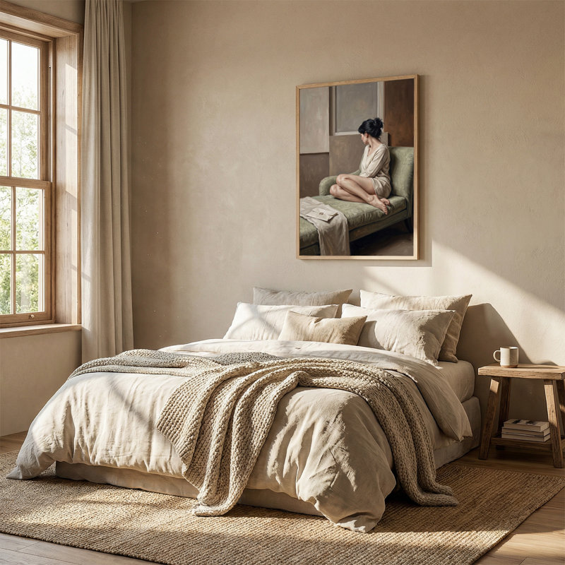 Femme assise sur un canapé vert en robe crème, art mural sur toile, 48"H x 32"W