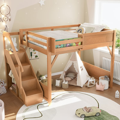 Full Size Loft Bed with Built-in Wardrobe and Storage Space, Solid Wood Loft Bed with Beside Shelves, Full-length Guardrails and Stairs, No Box Spring Needed,Deep Natural