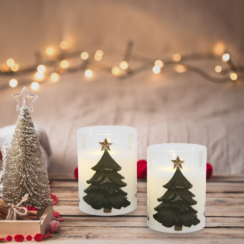 Holiday Tree Battery Operated LED Glass Candles with Moving Flame - 2 Piece