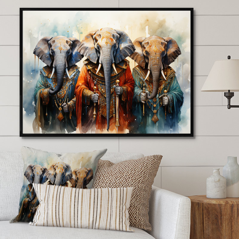 «African Sacred Elephants II», reproduction sur toile, H 34 po x l 44 po x P 1,5 po, Cadre flottant noir
