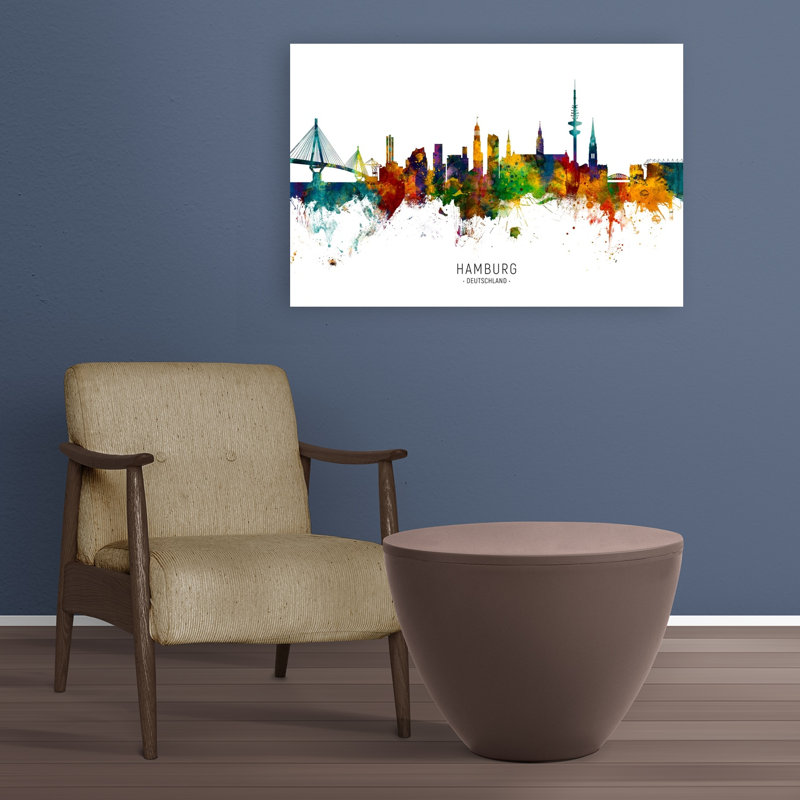 Affiche murale abstraite contemporaine représentant la silhouette vibrante de Hambourg, 24" H x 36" W