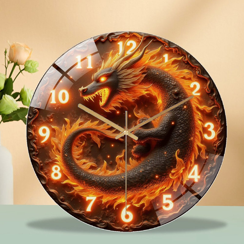 Horloge murale silencieuse en verre trempé de 30 cm, « Horloge Dragon de Feu », décoration murale artistique pour la maison. Fonctionne avec des piles AA (non incluses).