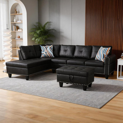 Luxury 3-Piece Modular Sectional Sofa Set with Storage Ottoman, Reversible Coffee Table & Cup Holders, Breathable Faux Leather Living Room Furniture
