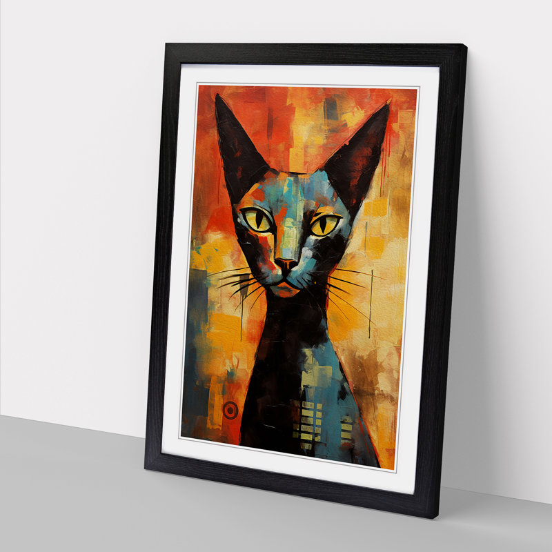Egyptian Cat Gestural - Single Picture Frame Print on Wood, Black Framed, 64cm H x 46cm W