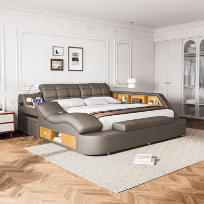 Vegan Leather Metal Sleigh Storage Bed