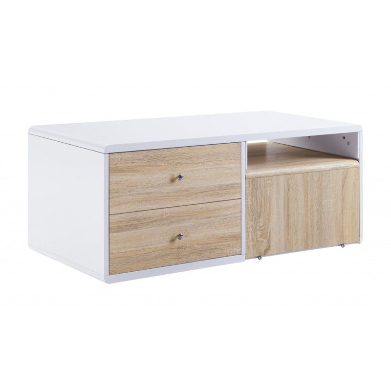 Table basse 47 "à cadre blanc et bois naturel avec deux tiroirs