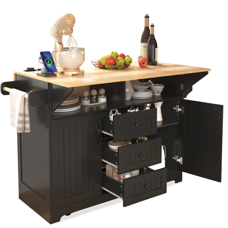 55.7" Kitchen Island With 2 Drop Leaf, Rolling, Power Outlet, Folding Dining Table, 3 Drawers, Storage Space, Black Mobile Cart, Plug, Option Box Cabinet,