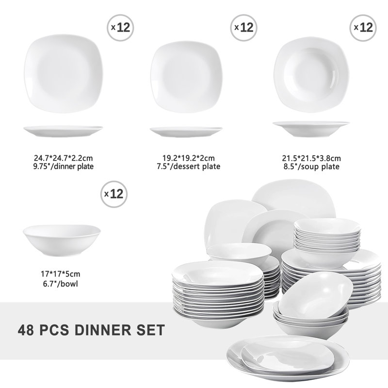 Elisa Series, 48-Piece Ivory White Porcelain China Dinnerware Set, Service For 12 