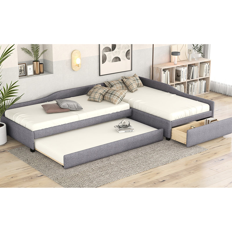 Lit de jour rembourré gris avec lit gigogne et tiroir - taille simple, qualité contreplaqué, ajoute du style à la taille de la chambre à coucher