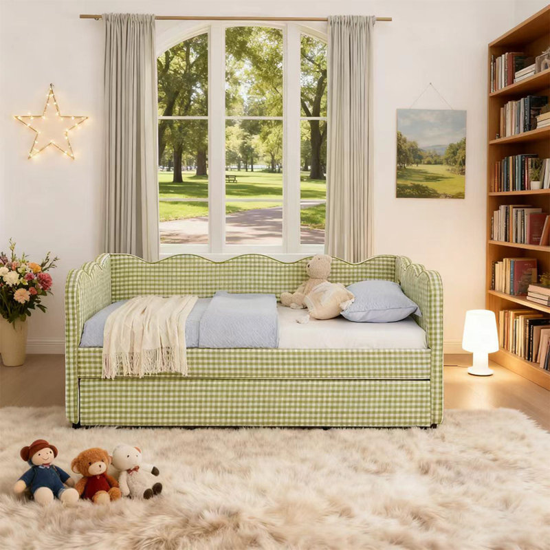 Daybed With Trundle, Twin Size Sofa Bed, No Box Spring Needed, USB Port, Adorable Wave Shaped, Linen Fabric, Green, Twin