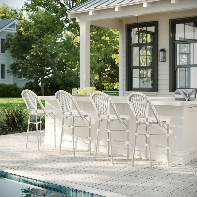 Gray and White Woven Rattan Indoor-Outdoor Bistro Bar Stool