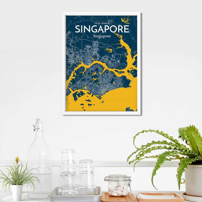 Carte de la ville de Singapour, impression, Bleu / jaune, H 24 po x l 18 po