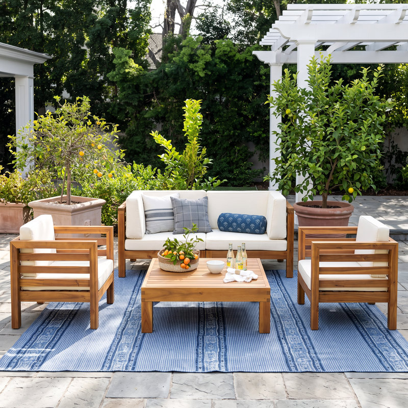 Maher Acacia Wood Patio Conversation Set with Cushions, Beige
