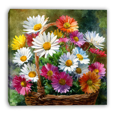 Watercolor Daisy Flower Basket Garden Wrapped Canvas Wall Art Print