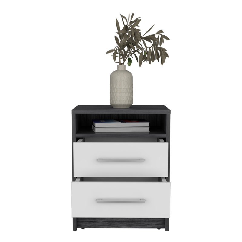 Nightstand Cartiz, Two Drawers, Smokey Oak / White Finish, White/Smokey Oak