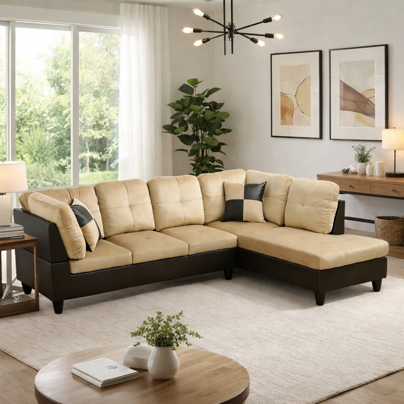 103.5" Wide Microfiber Sofa & Chaise, Right Hand Facing, Beige Microfiber