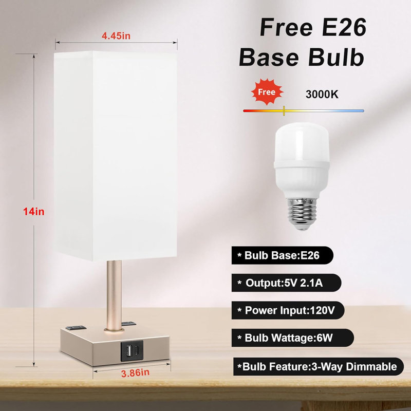 Lampe de table tactile avec ports de charge USB A + Type C, deux prises CA, ampoule DEL E26, gradation à 3 voies, table de chevet pour la chambre à coucher, le salon, le bureau, le dortoir
