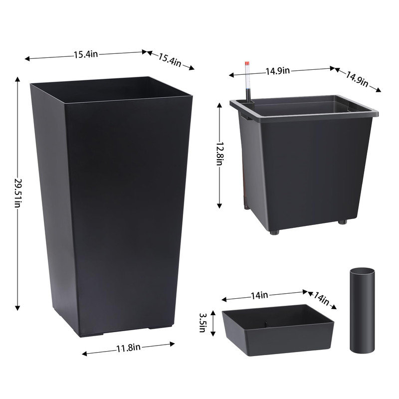 30" Tall Planter Set Of 2, Exceptional Durability, Resistant To Frost And Sun, Built-In Drainage & Automatic Watering, Indoor/Outdoor Plant Pot With Water Level Monitor,