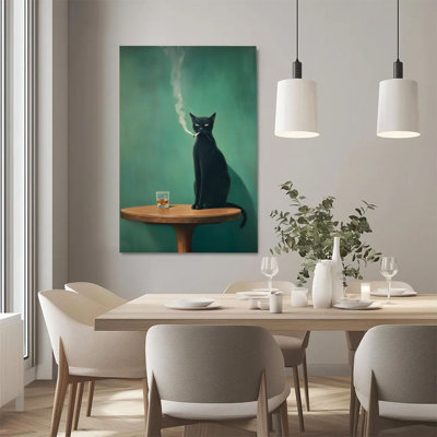 1Pc Framed Canvas Poster Print black cat smoking, whiskey glass, surrealistic oil painting style Wall Art Decor, Perfect for Room Decor Living Room Bedroom Office Kitchen Bathroom Home Decor, Ideal Home Wall Decoration Gift, 2D Flat