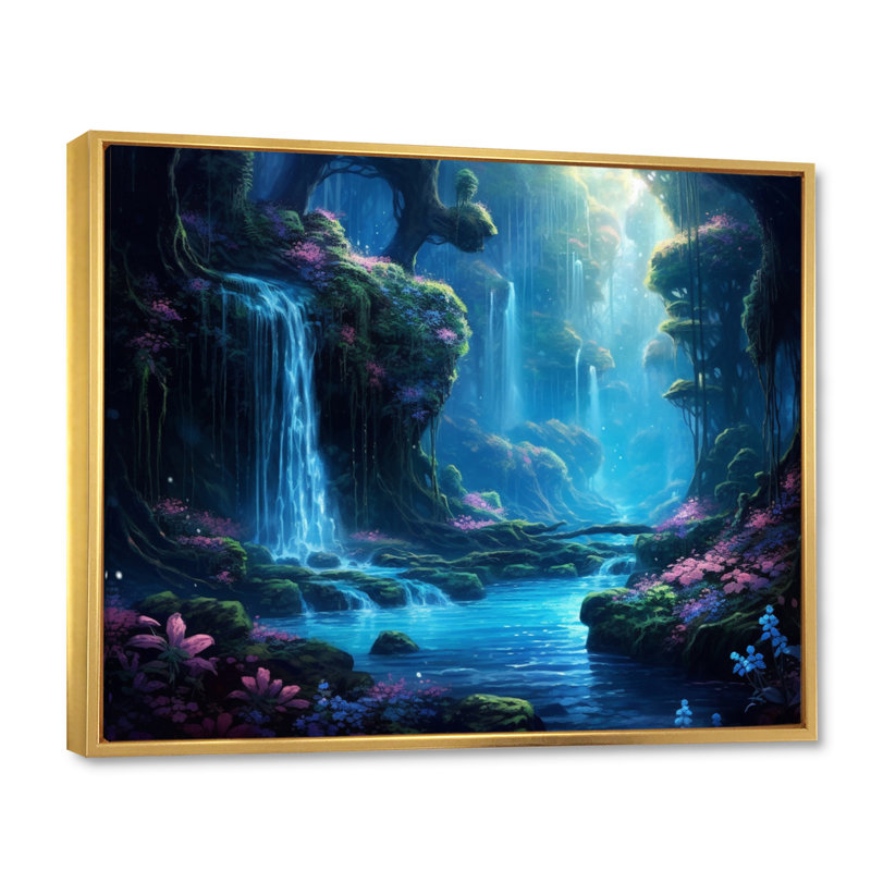 «Blue Green Calming Waterfall - Waterfall», reproduction d'art sur toile, H 24 po x l 32 po x P 1 po, Cadre flottant doré