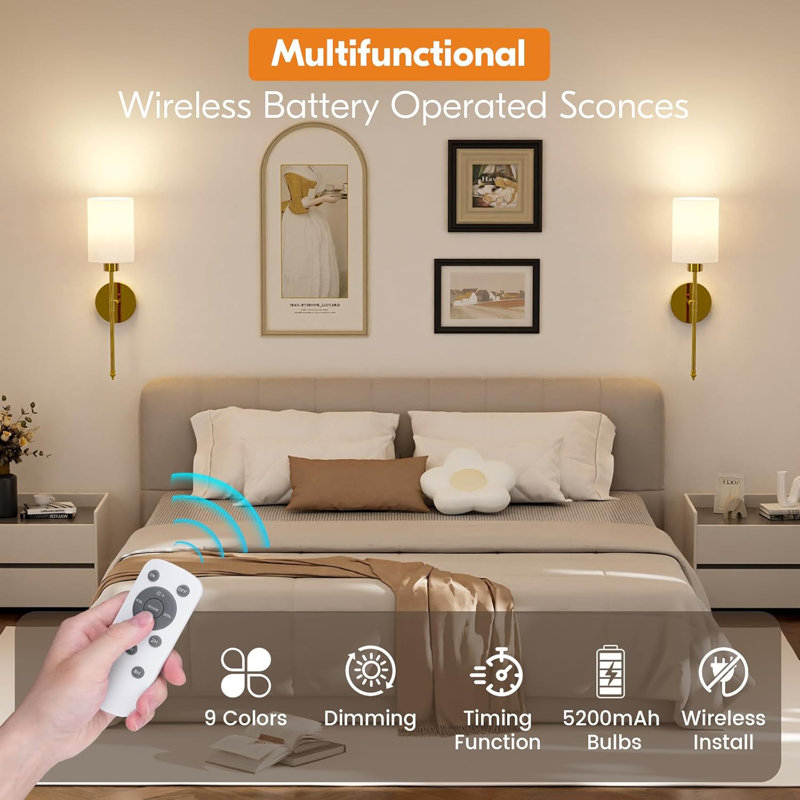 Gold Dimmable Battery Operated Wall Sconce Set with Remote