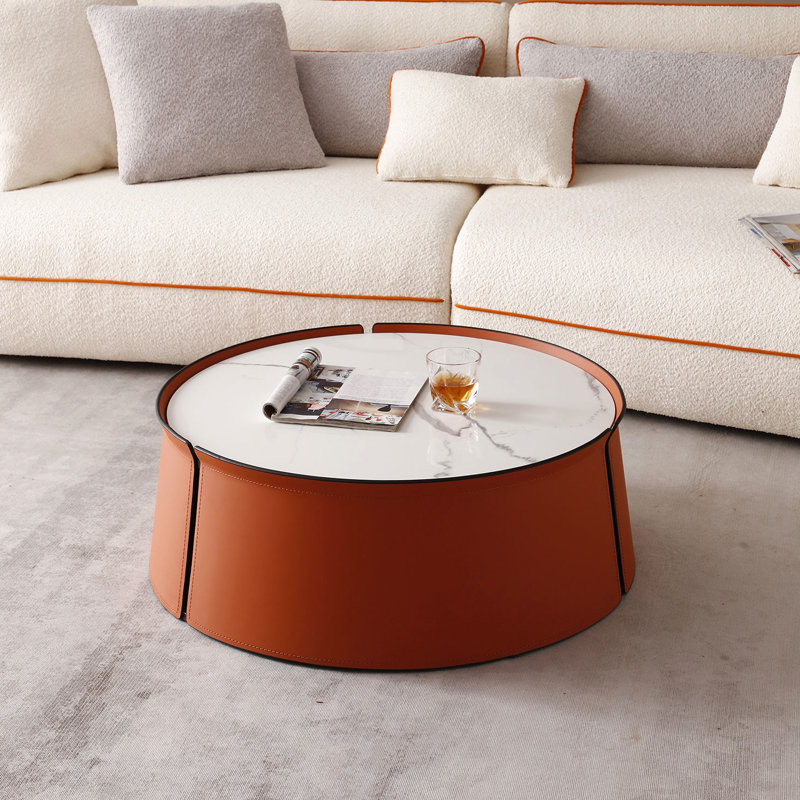 Table basse 31,5 pouces avec aspect marbre et cuir de selle orange, plateau en fer