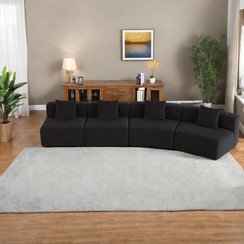 Canapé modulaire incurvé en chenille noire, canapé modulaire à compression, 4 coussins, maison moderne