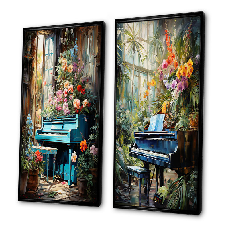 Piano Tropical Tunes - Ensemble de 2 reproductions d'art mural, Cadre noir, H 32 po x l 33 po