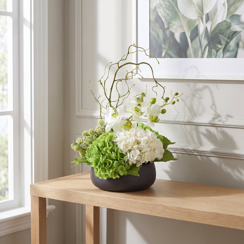 Organic Modern Arrangement with Orchids and Hydrangeas, Green