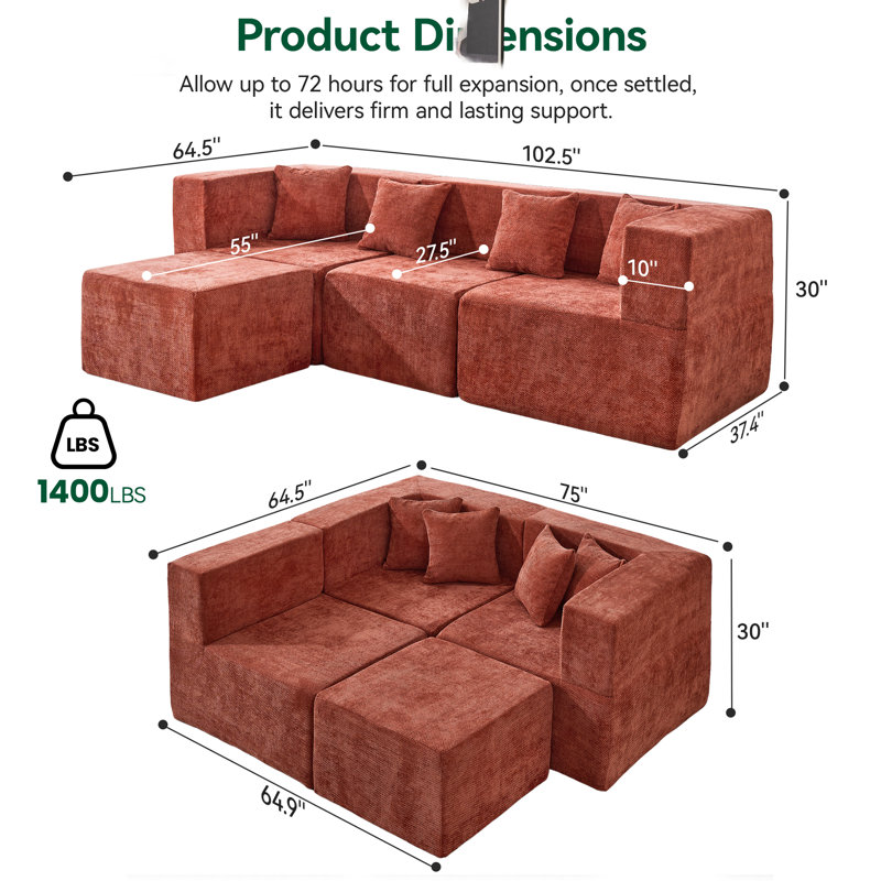 Cloud Modular Sectional Couch, L-Shaped Sectional with Boneless Design, Modern Minimalist Upholstered Couches Deep Seat Sleeper Sofa with Ottoman & Pillows
