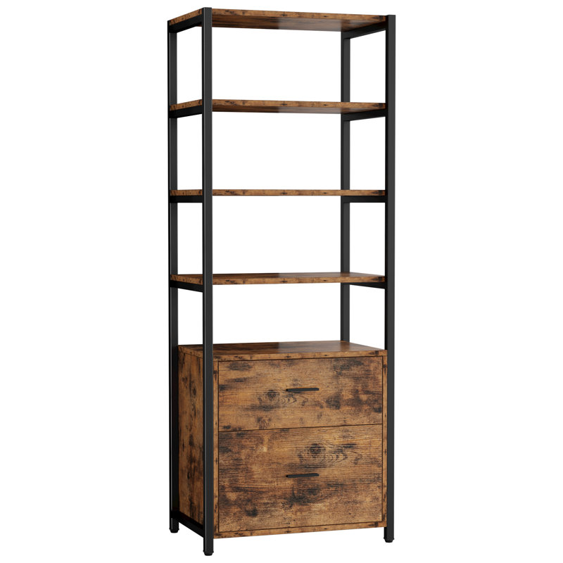 Bibliothèque industrielle Jayger avec tiroirs classeurs, Noir / brun rétro, (4 tablettes) H 72 po x l 24 po x P 16 po