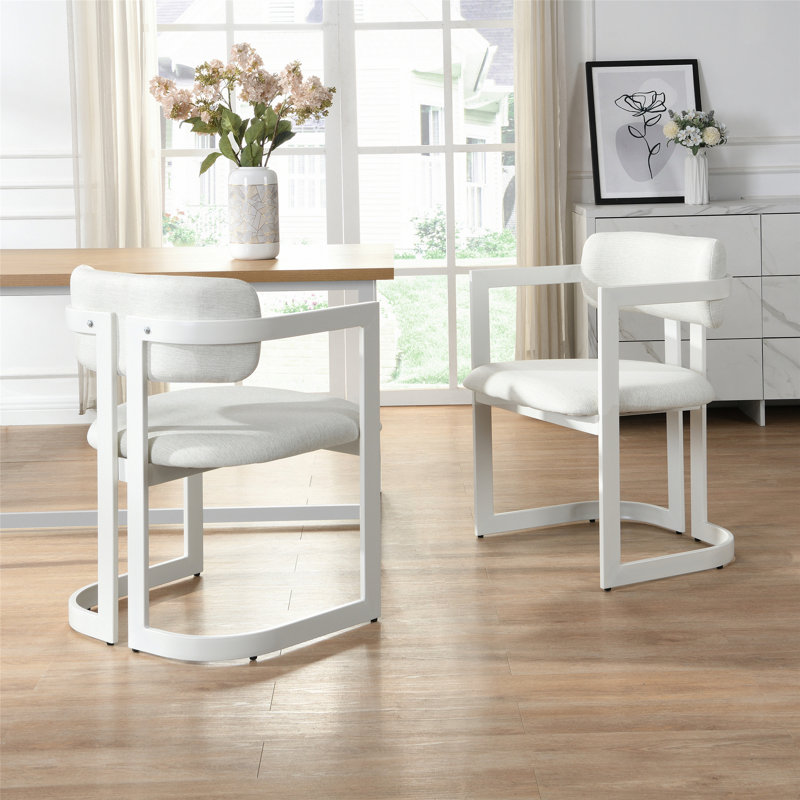 Ensemble de 2 chaises de salle à manger rembourrées avec structure en métal, Blanc, White