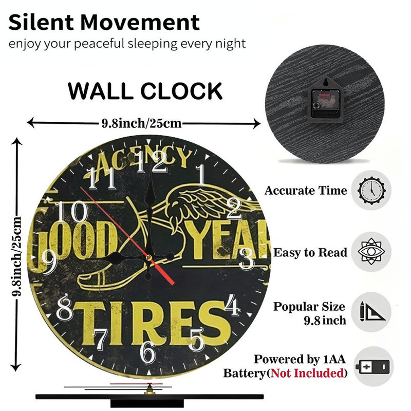 Horloge murale en bois 10 po, mouvement silencieux, à piles (piles AA non incluses), décor artistique, parfait pour les décorations