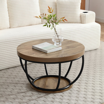 31" Round Industrial Coffee Table With 2-Tier Storage Shelves, Modern Wood & Black Metal Accent Center Table For Living Room, Home Office – Easy Assem