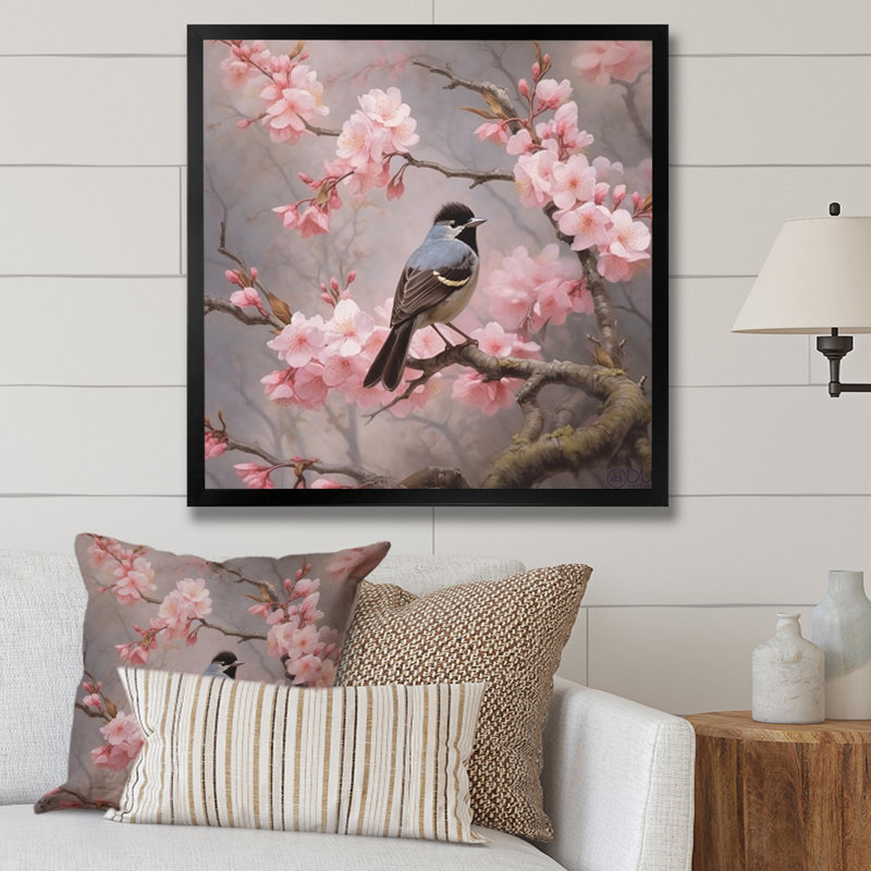 «Bluebird On Blossom Cherry I» sur toile, H 16 po x l 16 po x P 1 po, Cadre simple noir