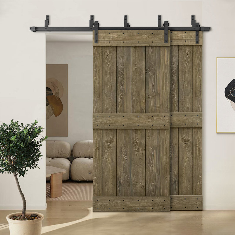 Porte de grange double à panneaux en bois teinté à panneau Mid-Bar, 40 po x 84 po, Tonneau vieilli