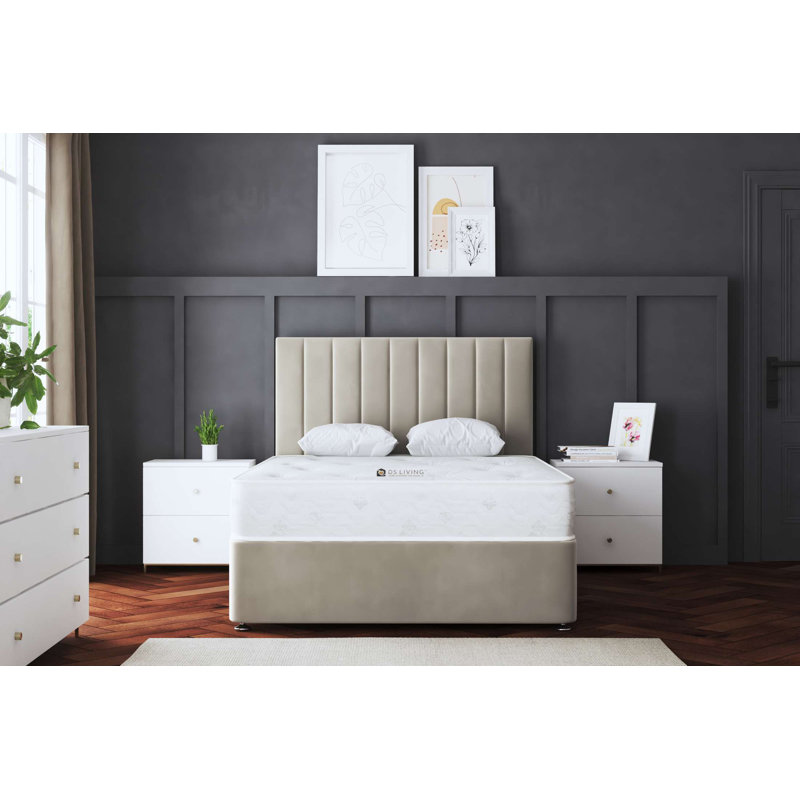 Amelia Upholstered Panel 4 Draw Divan Bed with Headboard, Double (4'6), Beige