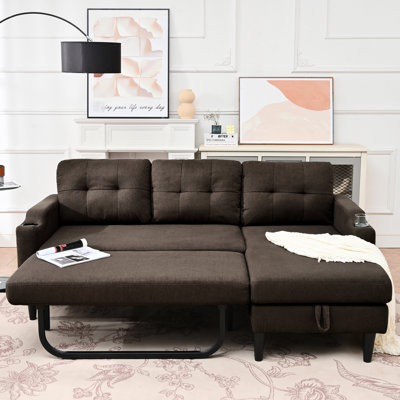 Tissu brun 3 avec rangement intégré, coussins en coton doux et connecteur en métal pour les pieds en plastique spacieux et relaxants du salon