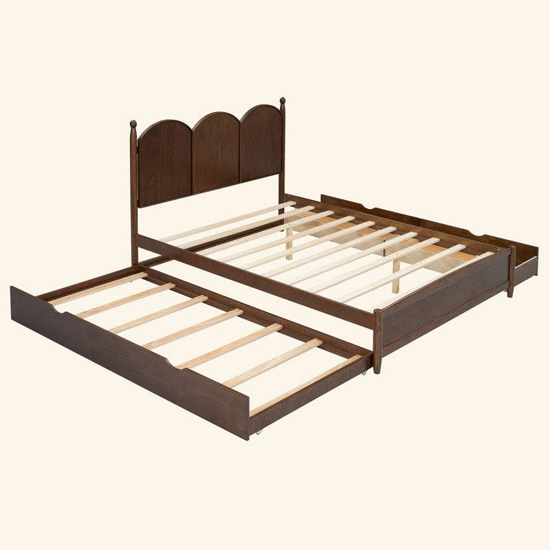 Grand lit plateforme rustique avec lit gigogne simple TG et 2 grands tiroirs de rangement - Bois de pin massif et panneau de fibres à densité moyenne, lit d'invité peu encombrant