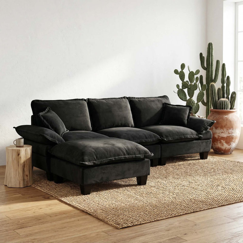 Canapé modulaire en forme de L avec voilier et repose-pieds amovible, Noir