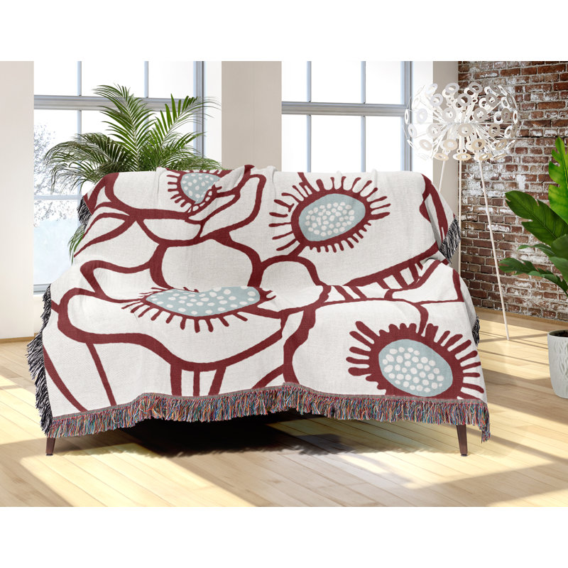 Jeté floral en coton, 50 x 70, Rouge