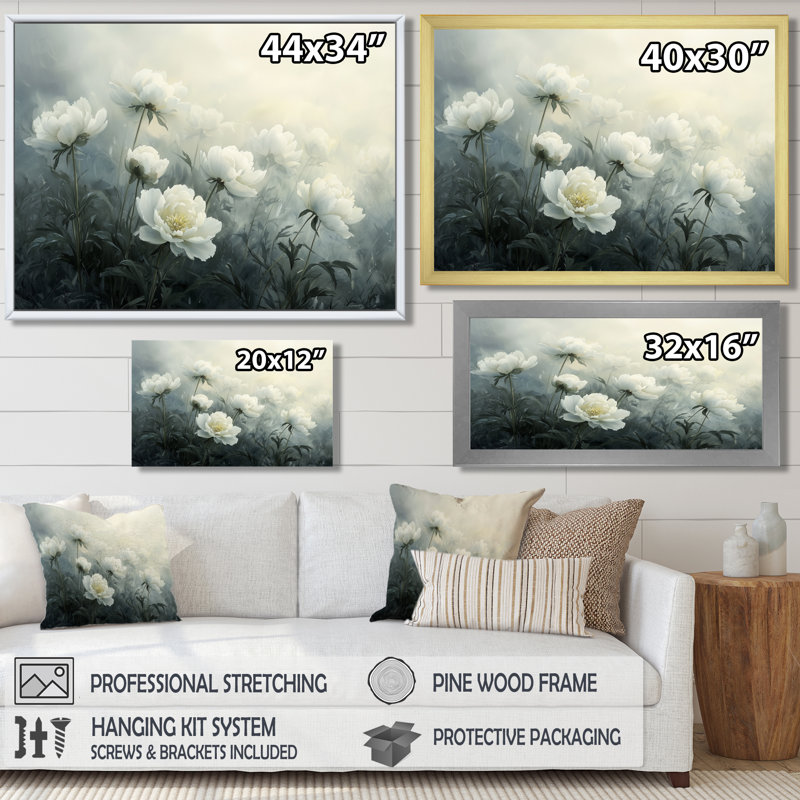Iryana pivoines dans la brume de prairie - pivoines, art mural, H 28 po x l 60 po, Toile tendue, Ne s’applique pas