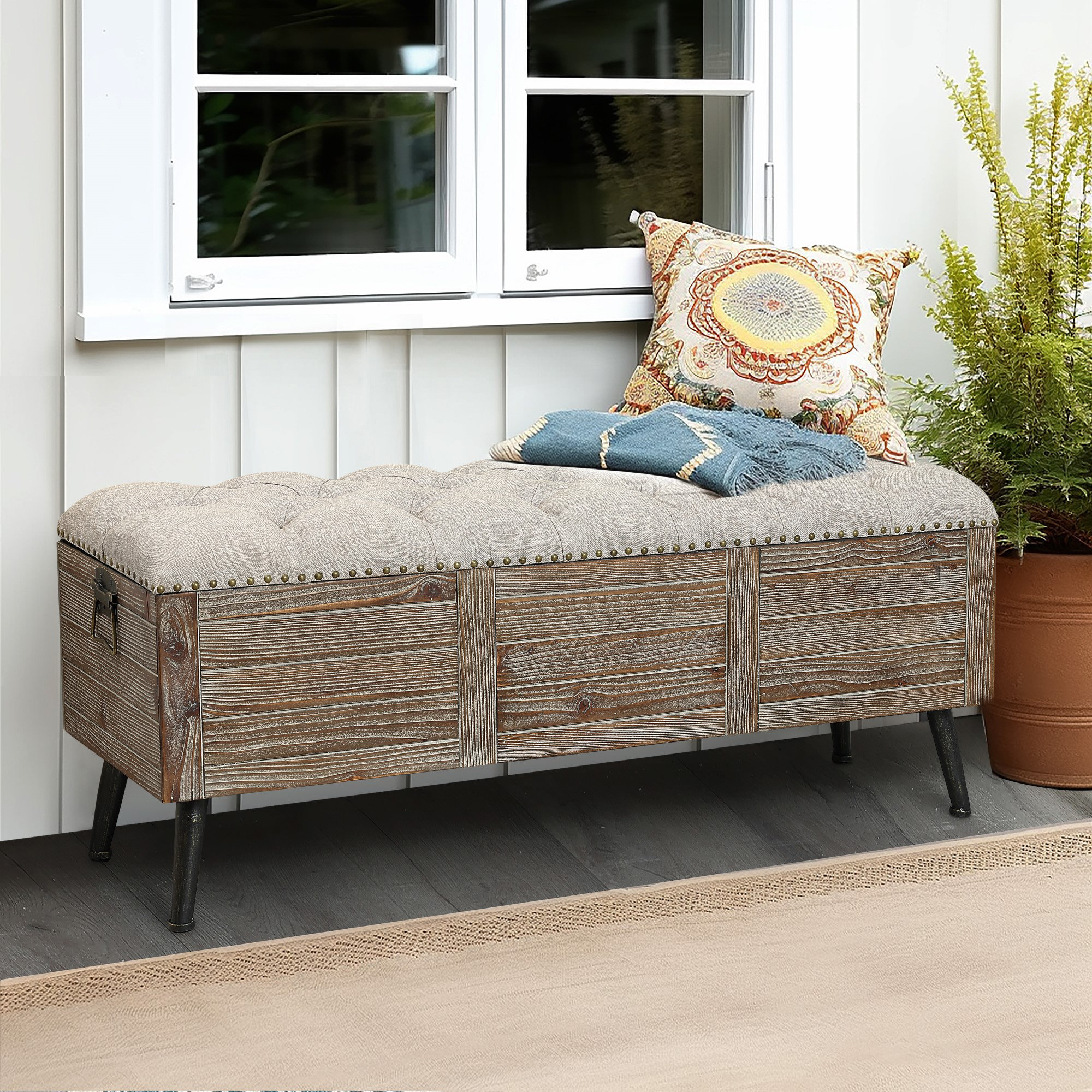 Wicker storage discount bench with cushion