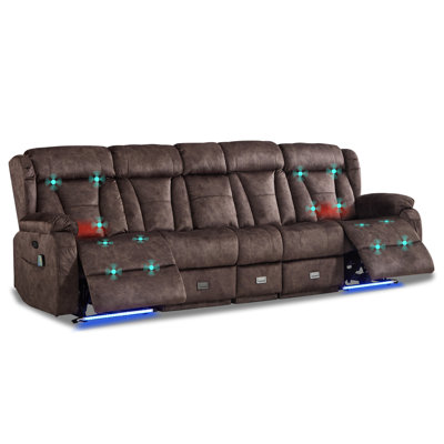 Power Loveseat Recliner Sofa with Flip Backrest,4 Seater Recliner Couch with Heat and Massage, Zero Wall Hugger Reclining Sofa with LED Light AC Outlets USB Ports for Living Room Home Theater