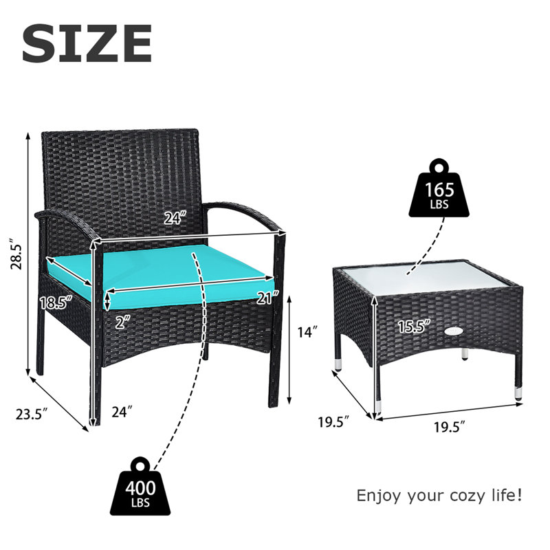 2 - Person Patio Conversation Set with Cushions, Turquoise