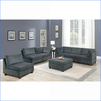 Sectional Sofas for Living Room, 7-Piece Modular Grey Chenille Set with Ottoman | Slate Grey | Modular