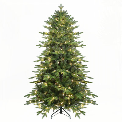 7.5FT Green PVC+PE Christmas Tree with 450 Warm White UL Lights – 2856Tips, Hinged Branch Design, Realistic Needles
