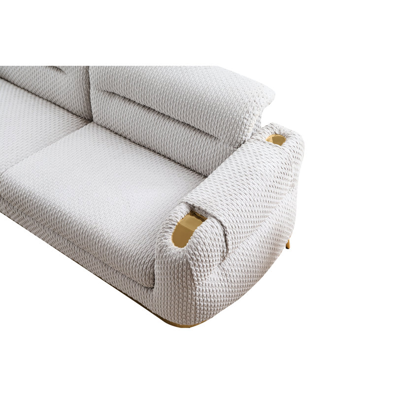 Ensemble de salon 3 pièces gris avec accoudoirs et pieds décoratifs dorés, revêtement lombaire doux, design moderne, fermeté moyenne ferme, dossier rembourré, accoudoirs roulés pour la zone principale